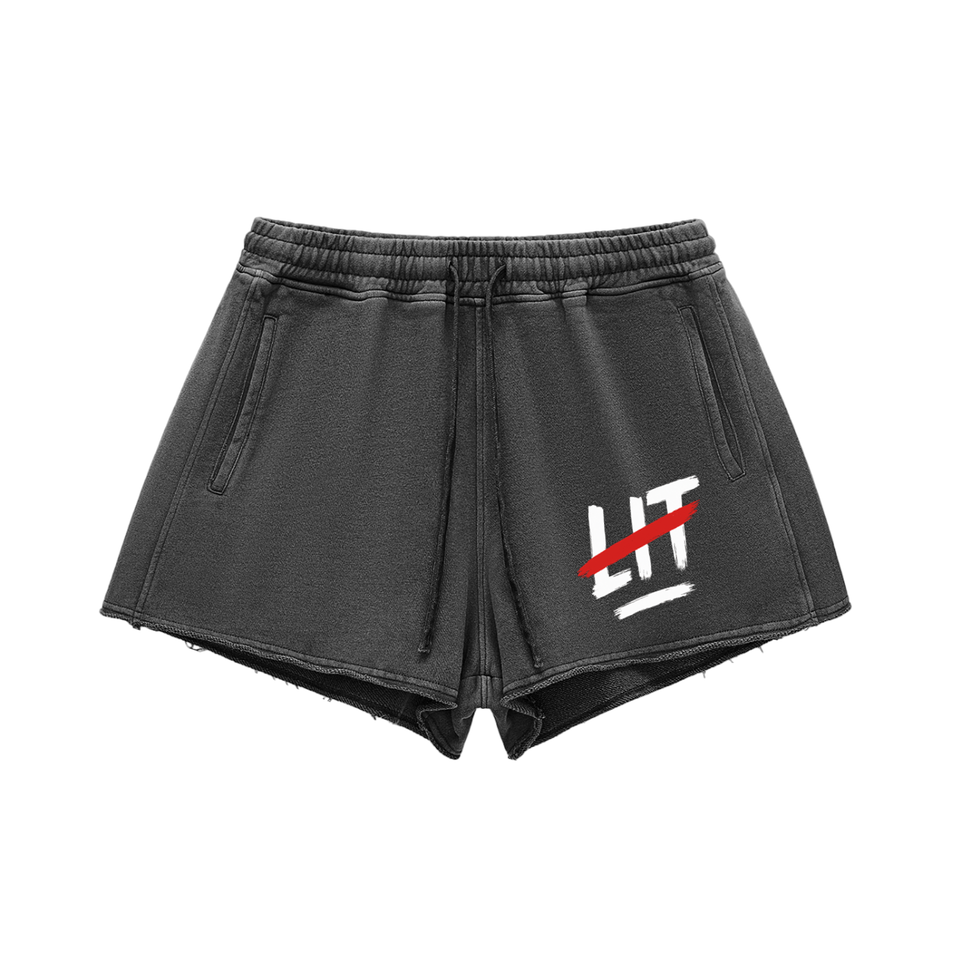 „Snow Washed Raw Edge Shorts mit LIT-Print – Unisex Streetwear Shorts im Vintage-Look von SIRRAY x THE BANSON, lockerer Schnitt mit Kordelzug“