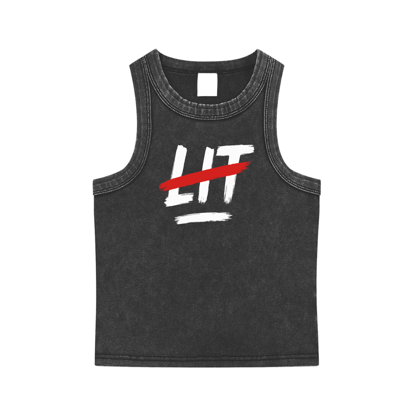 Snow Washed Tank Top mit LIT-Print im Vintage-Stil – Unisex Streetwear von SIRRAY x THE BANSON, fotografiert vor grauem Hintergrund